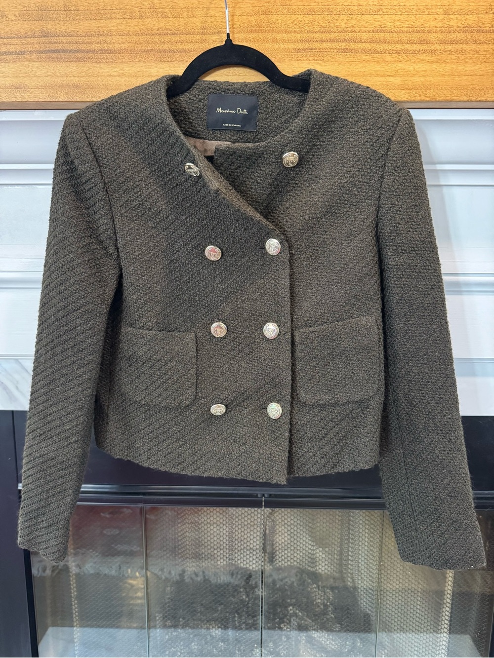 Massimo Dutti Olive Textured Double-Breasted Cropped Jacket